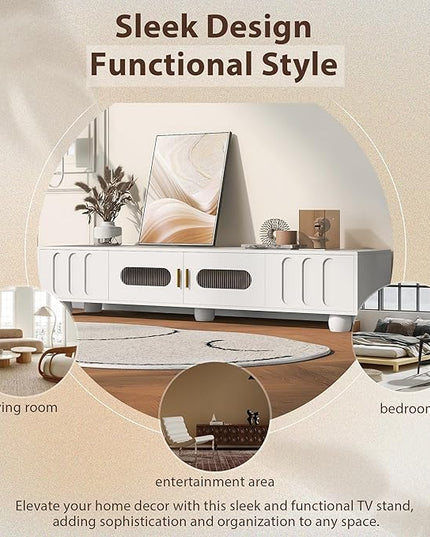 Merax Modern TV Stand for Televisions up to 80 Inches, Entertainment Center with Glass Door, 2 Drawers Wood Storage Cabinet with Solid Legs and Metal Handles for Living Room, 70.90" Length, White - LeafyLoom