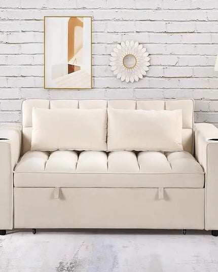 Multi-Functional Futon Loveseat Pull Out Couch , Velvet Upholstery Convertible Sleeper Sofa Bed with Cupholders and USB Ports , 2 Seater Love Seat Lounge Chaise w/ Adjustable Backrest RV Furniture - LeafyLoom