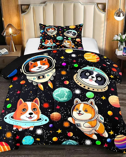Space Dog Comforter Set - Cute Dog Twin Bedding Set for Kids Girls Boys Cartoon Dog Astronaut Prints Comforter Set Funny Outer Space Dog Bedding Sets for Kids Room Decor, 1 Comforter+1 Pillowcase - LeafyLoom