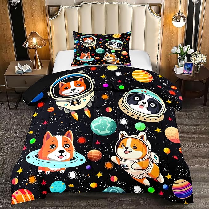Space Dog Comforter Set - Cute Dog Twin Bedding Set for Kids Girls Boys Cartoon Dog Astronaut Prints Comforter Set Funny Outer Space Dog Bedding Sets for Kids Room Decor, 1 Comforter+1 Pillowcase - LeafyLoom