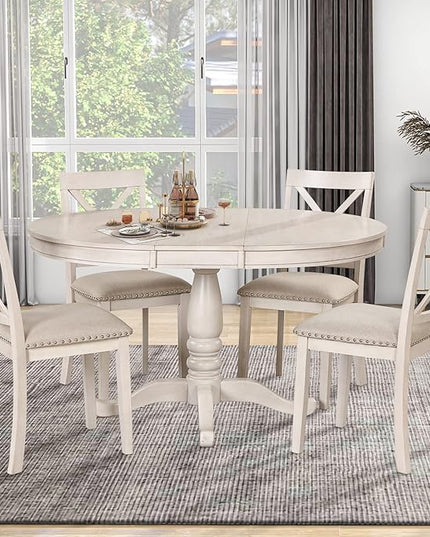 Merax Dining Table Set for 4,Retro Style Chairs with Solid Wood Legs for Kitchen Diningroom, Antique White - LeafyLoom