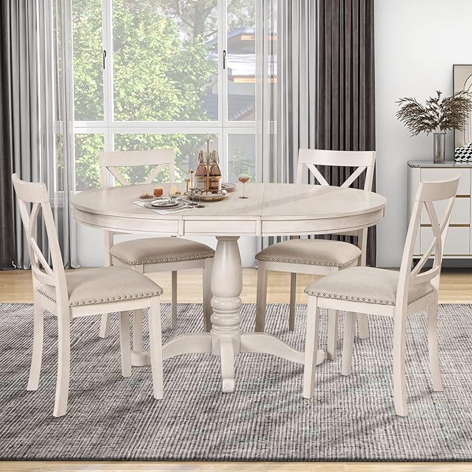 Merax Dining Table Set for 4,Retro Style Chairs with Solid Wood Legs for Kitchen Diningroom, Antique White - LeafyLoom