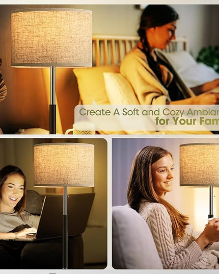 Bright Floor Lamps with 3 Color Temperatures(3000K/4000K/6000K) Standing Lamps with Beige Linen Lampshade Pole Lamp with Pull Chain Switch for Bedroom Office, 9W Bulb Included, Black and Silver - LeafyLoom