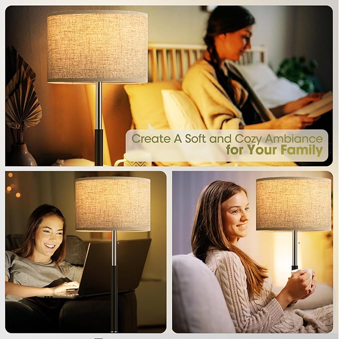 Bright Floor Lamps with 3 Color Temperatures(3000K/4000K/6000K) Standing Lamps with Beige Linen Lampshade Pole Lamp with Pull Chain Switch for Bedroom Office, 9W Bulb Included, Black and Silver - LeafyLoom