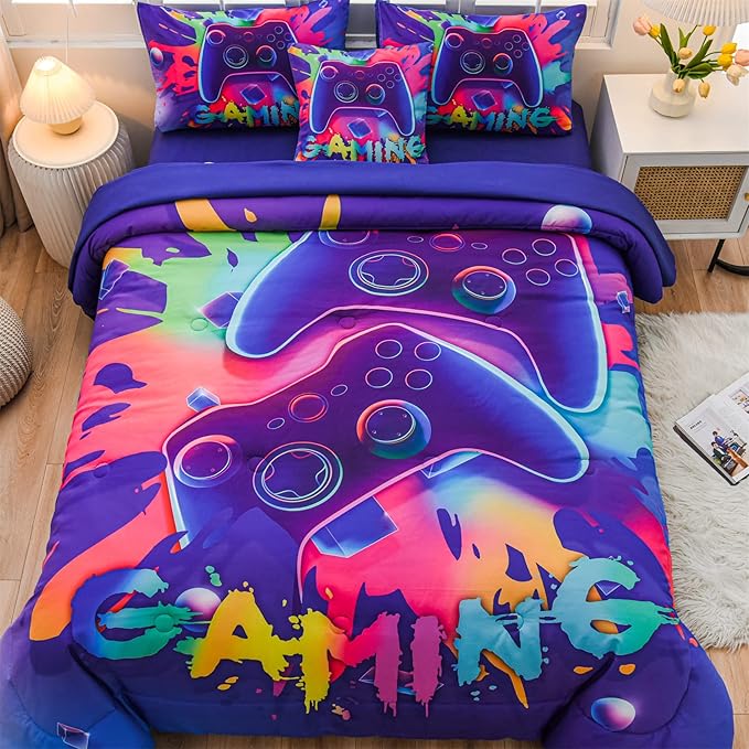 Aimuan Gamer Gaming Bedding Sets 3D Gamepad Comforter Sets for Boys Games Console Action Buttons Novelty Colorful Game Controller Modern Room Decor Home Quilt Set (Purple, Full 6PCS) - LeafyLoom