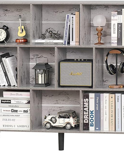 LEYAOYAO 10 Cube Bookshelf,3 Tier Modern Wide Bookcase with Legs,Mid-Century Wood Bookshelves Storage，Retro Grey Large Book Case,Freestanding Organizer Display Shelf for Bedroom,Living Room,Office - LeafyLoom