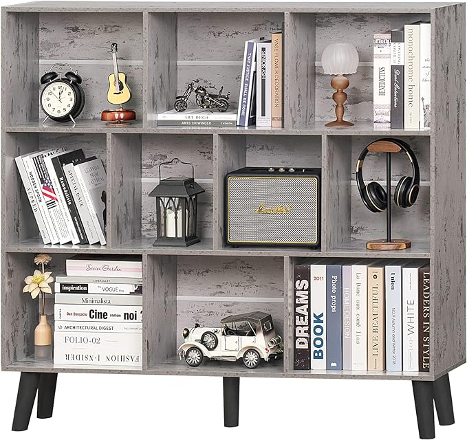 LEYAOYAO 10 Cube Bookshelf,3 Tier Modern Wide Bookcase with Legs,Mid-Century Wood Bookshelves Storage，Retro Grey Large Book Case,Freestanding Organizer Display Shelf for Bedroom,Living Room,Office - LeafyLoom