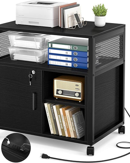 Unikito Lateral File Cabinet, Locking Office Filing Cabinets with Socket and USB Charging Port, Modern Rolling Printer Stand with Storage for A4, Letter Size and File Folders, Black - LeafyLoom