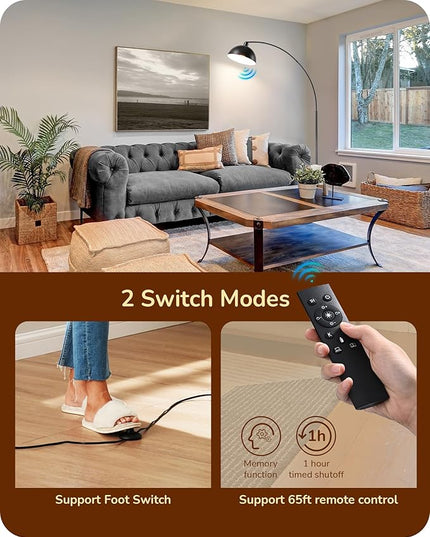 EDISHINE Modern Arc Floor Lamp, 78.3" Mid Century Reading Lamps Over Chair with Remote & Foot Switch, Rotatable Lamp Head, Metal Floor Lamp for Bedroom, Office, Living Room, Dining Room, Black - LeafyLoom