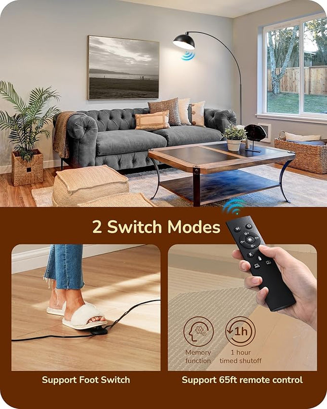 EDISHINE Modern Arc Floor Lamp, 78.3" Mid Century Reading Lamps Over Chair with Remote & Foot Switch, Rotatable Lamp Head, Metal Floor Lamp for Bedroom, Office, Living Room, Dining Room, Black - LeafyLoom