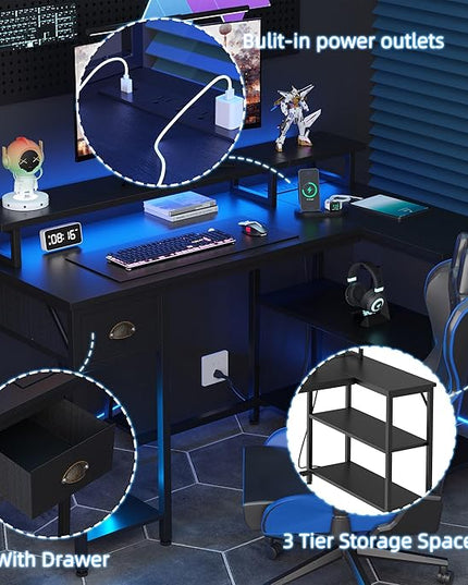 Shintenchi 50" L Shaped Computer Desk with 3-Tier Storage Shelves & Drawer, Reversible Gaming Desk with Monitor Stand & 32 Colors LED Lights, Modern Study Workstation for Home Office, Black - LeafyLoom