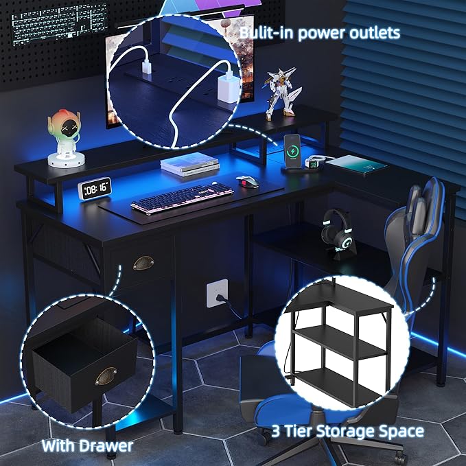 Shintenchi 50" L Shaped Computer Desk with 3-Tier Storage Shelves & Drawer, Reversible Gaming Desk with Monitor Stand & 32 Colors LED Lights, Modern Study Workstation for Home Office, Black - LeafyLoom