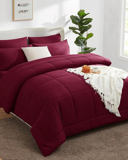 CozyLux King Size Comforter Set - 7 Pieces Bed in a Bag Set Burgundy, Bedding Sets King with All Season Quilted Comforter, Flat Sheet, Fitted Sheet, Pillowcases, Red, King - LeafyLoom