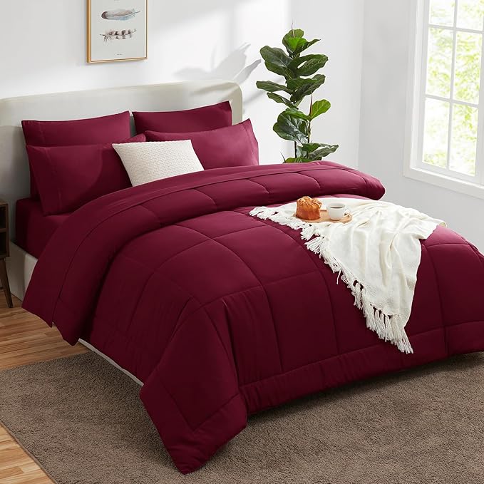 CozyLux King Size Comforter Set - 7 Pieces Bed in a Bag Set Burgundy, Bedding Sets King with All Season Quilted Comforter, Flat Sheet, Fitted Sheet, Pillowcases, Red, King - LeafyLoom