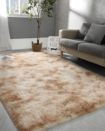 6x9 Large Area Rugs for Living Room, Super Soft Fluffy Modern Bedroom Rug, Tie-Dyed Beige Indoor Shag Fuzzy Carpets for Girls Kids Nursery Room Home Decor - LeafyLoom