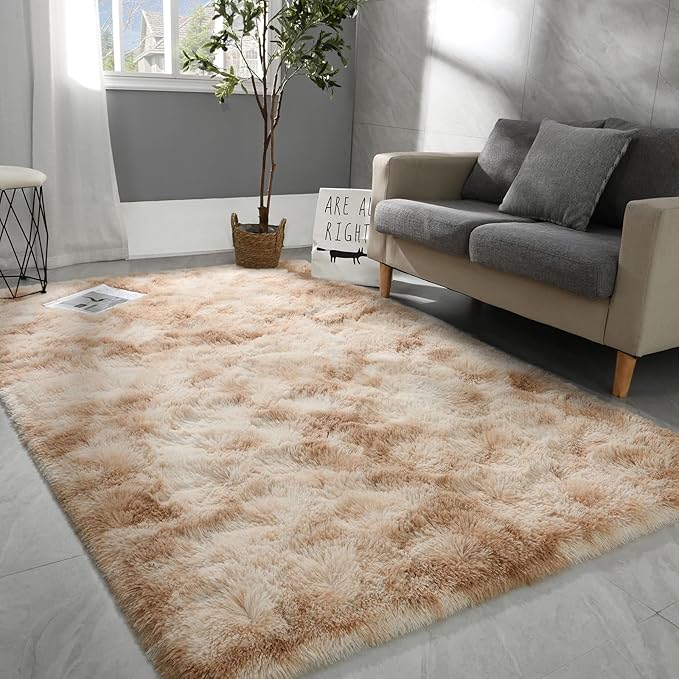6x9 Large Area Rugs for Living Room, Super Soft Fluffy Modern Bedroom Rug, Tie-Dyed Beige Indoor Shag Fuzzy Carpets for Girls Kids Nursery Room Home Decor - LeafyLoom