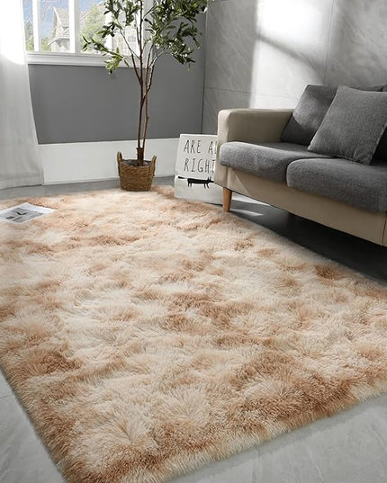 8x10 Large Area Rugs for Living Room, Super Soft Fluffy Modern Bedroom Rug, Tie-Dyed Beige Indoor Shag Fuzzy Carpets for Girls Kids Nursery Room Home Decor - LeafyLoom