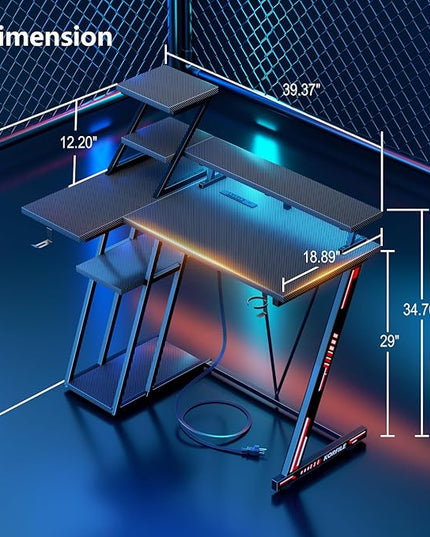 L Shaped Gaming Desk with LED Lights & Power Outlet, 39 Inch Computer Desk with Extra Storage Shelves, Reversible Gamer Workstations with Monitor Stand for Bedroom, Carbon Fiber Black - LeafyLoom