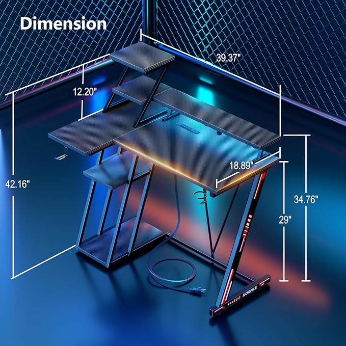 L Shaped Gaming Desk with LED Lights & Power Outlet, 39 Inch Computer Desk with Extra Storage Shelves, Reversible Gamer Workstations with Monitor Stand for Bedroom, Carbon Fiber Black - LeafyLoom