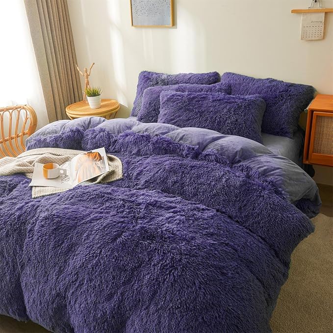 Fluffy navy blue comforters Cover twin size - Ultra Soft Plush dark blue bedding Sets 2 Pieces (1 faux fur comforter Cover + 1 fuzzy pillow case) girls shaggy navy blue twin bed set (Dark Blue, Twin) - LeafyLoom