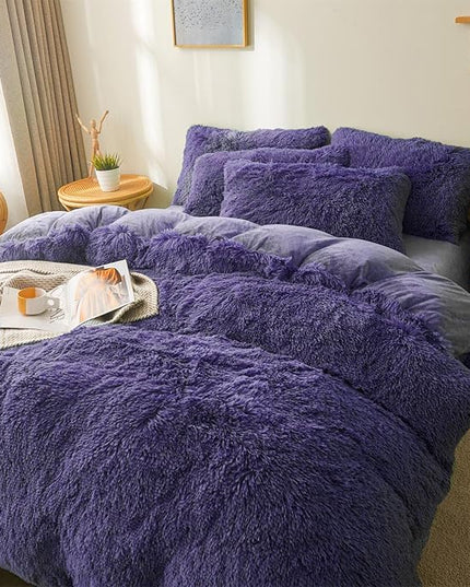 FOPPA Dark Blue fluffy Comforter Cover Set king- Ultra Soft fluffy navy blue Bedding Sets 3 Pieces (1 Duvet Cover + 2 Pillow case) navy blue fluffy bed set (Dark Blue, King) - LeafyLoom