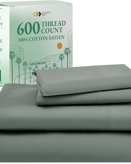 California Design Den Split King Sheet Set - 100% Cotton, 600 Thread Count, Breathable Luxury King Size Sheets for Adjustable Bed, Luxury Hotel-Quality Sheets with Soft Sateen Weave - Sage Green - LeafyLoom
