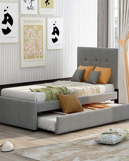 Twin Size Platform Bed, Linen Upholstered Bed Frame with Headboard and Trundle, Wood Slat Support, Gray - LeafyLoom