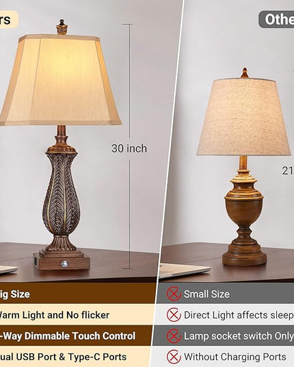 WIHTU 3-Way Dimmable Table Lamps for Bedrooms Set of 2, 30" H Touch Lamps for Living Room with USB & Type-C Ports, Brown Mermaid Bedside Lamp for Nightstand, Resin Farmhouse Rustic Lamp with 2 Bulb - LeafyLoom