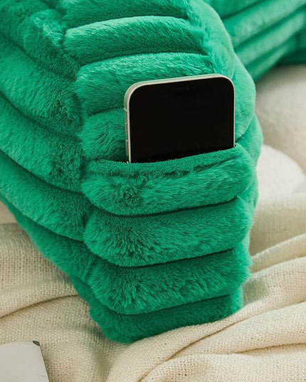 WERDIM Reading Pillow for Sitting in Bed, Faux Fur Back Pillow for Bed Rest, Bed Chair Pillow with Arms and Pockets(Standard, Emerald) - LeafyLoom
