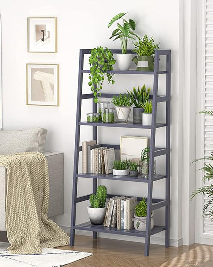 Homykic Bamboo Ladder Shelf 4-Tier Bookshelf, 49.2” Freestanding Open Bookcase Book Shelf Bathroom Storage Shelf Unit Plant Stand for Living Room, Bedroom, Small Space, Home Office, Blue Grey - LeafyLoom