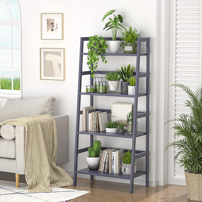 Homykic Bamboo Ladder Shelf 4-Tier Bookshelf, 49.2” Freestanding Open Bookcase Book Shelf Bathroom Storage Shelf Unit Plant Stand for Living Room, Bedroom, Small Space, Home Office, Blue Grey - LeafyLoom