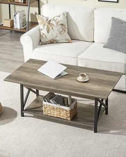 GreenForest Coffee Table Large 43.3 x 23.6 inch Rustic Farmhouse with Storage Shelf for Living Room, Easy Assembly, Grey WASH - LeafyLoom