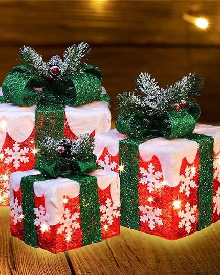 [Large 10"x8.5"x6.5" Christmas Set of 3 Lighted Gift Boxes Decorations Pre-lit 70 Super-Bright LED with Flashers,for Indoor Outdoor Christmas Tree Skirt Ornament Pathway Holiday Party Home GLOWNOVA