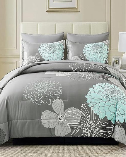 Yiran 7 Pieces Bed in a Bag Floral Comforter Set Green Flowers Bedding Set Soft Microfiber King Comforter Sets with 1 Comforter 1 Flat Sheet 1 Fitted Sheet 2 Pillowshams and 2 Pillowcases - LeafyLoom