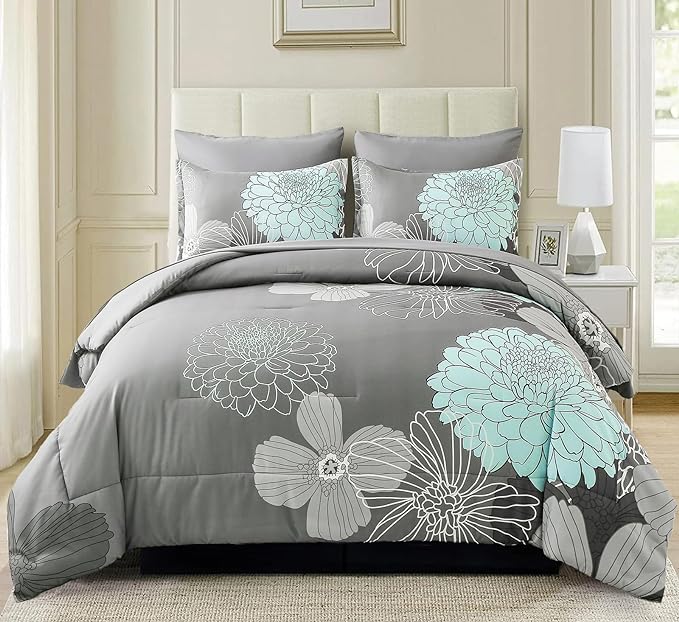 Yiran 7 Pieces Bed in a Bag Floral Comforter Set Green Flowers Bedding Set Soft Microfiber King Comforter Sets with 1 Comforter 1 Flat Sheet 1 Fitted Sheet 2 Pillowshams and 2 Pillowcases - LeafyLoom
