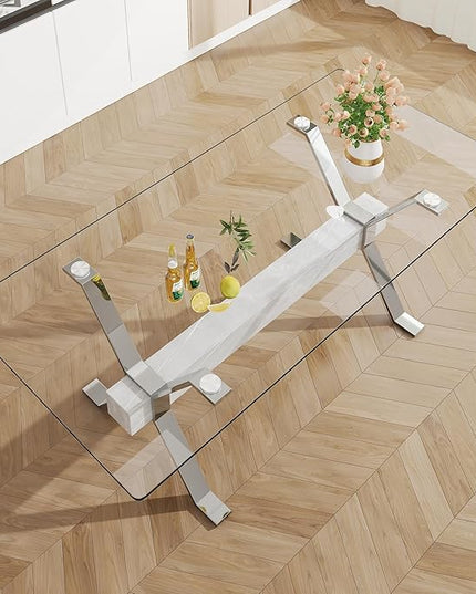 NicBex Dining Table Modern Tempered Glass Dining Table Large Modern Office Desk with Silver Plated Metal Legs and MDF Crossbars, Suitable for Both Home and Office Use, Silver + White - LeafyLoom