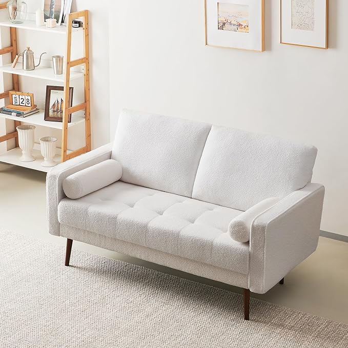 Vonanda 56" Loveseat Small Couch, Mid-Century 2 Seater Sofa velvet boucle Couch with Hand-Stitched Comfort Cushion and Bolster Pillows for Living Room, Loveseat Boucle White - LeafyLoom