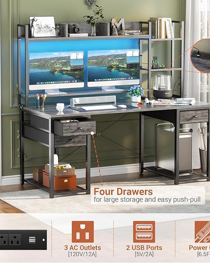 Aheaplus Desk with LED and Outlets, Gaming Desk with Hutch, 55.2'' Computer Desk with Drawers, Reversible office desk with storage bookshelf Large Workstation Desk with Shelf, Desk for Home, Black Oak - LeafyLoom