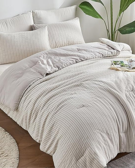 ENCOFT Light Grey King Comforter Set, 3 Piece Soft Microfiber Lightweight Bedding with Comforter, Grey and White Striped Comforter King Bed for All Seasons, with 2 Pillowcases, 104" x 90" - LeafyLoom