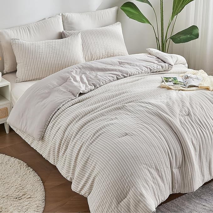 ENCOFT Light Grey King Comforter Set, 3 Piece Soft Microfiber Lightweight Bedding with Comforter, Grey and White Striped Comforter King Bed for All Seasons, with 2 Pillowcases, 104" x 90" - LeafyLoom