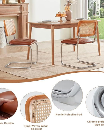 Farini Kitchen Dining Chairs Set of 2,Mid-Century Modern Chair Armless Mesh Backrest Cane Rattan Chairs for Home Dining Room(Brown,PU Leather) - LeafyLoom