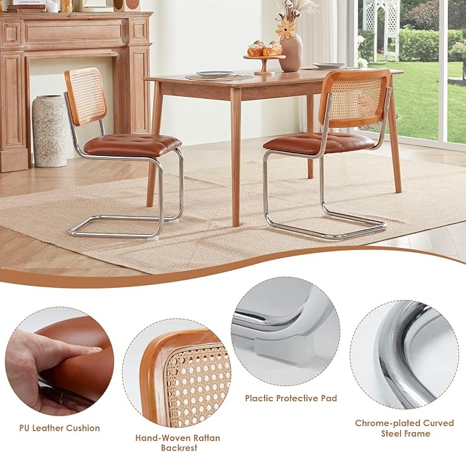 Farini Kitchen Dining Chairs Set of 2,Mid-Century Modern Chair Armless Mesh Backrest Cane Rattan Chairs for Home Dining Room(Brown,PU Leather) - LeafyLoom
