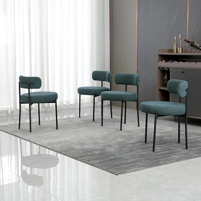 DYHOME Dining Chairs Set of 4, Kitchen Dining Room Chairs, Mid-Century Modern Dining Chairs, Curved Backrest Round Upholstered Boucle Sherpa Dining Chair with Black Metal Legs, Green - LeafyLoom