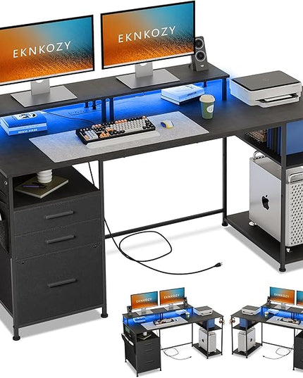 Computer Desk with 3 File Cabinet Drawers, 57.8'' Reversible Gaming Desk with LED Lights and Power Outlets, Office Desk with Storage Shelves and Dual Monitor Stand for Home & Office (Black) - LeafyLoom