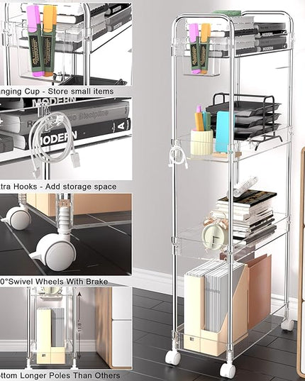 SPACEKEEPER Acrylic Rolling Storage Cart 4 Tier Clear Bathroom Cart Organizer, Transparency Rolling Utility Cart Laundry Room Organization Multifunction Mobile Shelving Unit for Office, Living Room - LeafyLoom