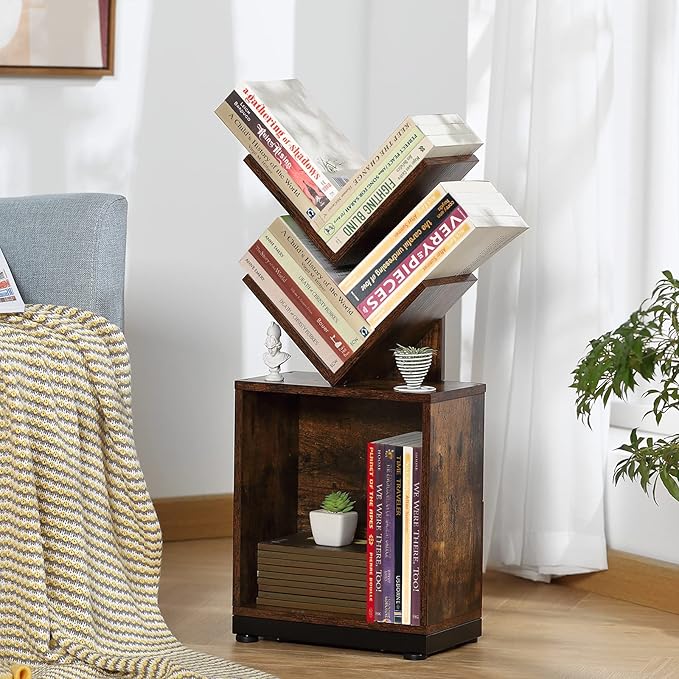 ruboka 2-Shelf Tree Bookshelf with Storage, 26.5-Inch Retro Floor Standing Bookcase Display for CDs/Magazine/Books, Small Bookshelf for Bedroom, Living Room, Office, Brown Storage Shelves - LeafyLoom