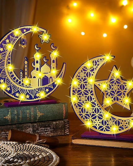 2 Pcs Ramadan Eid Mubarak Crafts Night Light 3D Wooden Moon Star Lights Ramadan Decorations LED Eid Mubarak Lamp Decor Ramadan Table Sign for Tabletop Home Party Supplies(Purple and Gold) - LeafyLoom