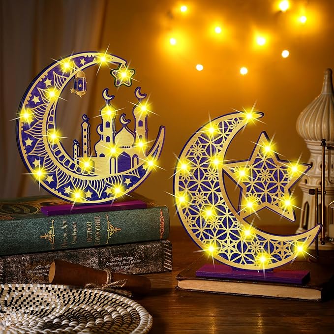 2 Pcs Ramadan Eid Mubarak Crafts Night Light 3D Wooden Moon Star Lights Ramadan Decorations LED Eid Mubarak Lamp Decor Ramadan Table Sign for Tabletop Home Party Supplies(Purple and Gold) - LeafyLoom