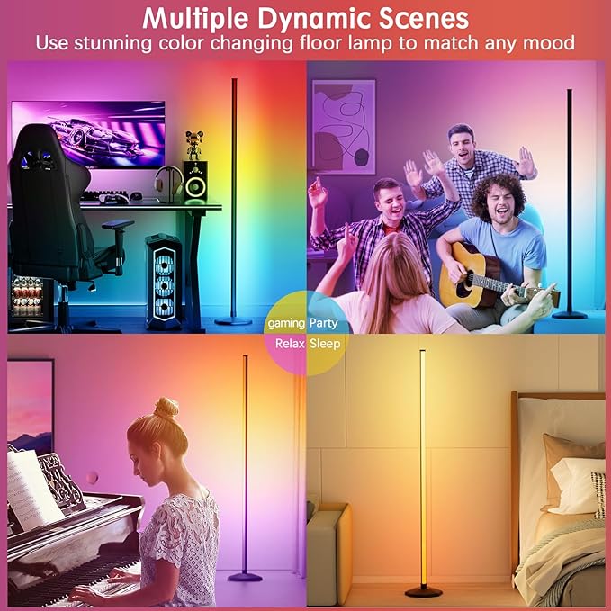 bedee LED Corner Floor Lamp: 64.5 Inch RGB Color Changing with Music Sync, Modern Standing Mood Lighting Remote & App Control, Creative DIY Mode Timing for Living Room Gaming - LeafyLoom