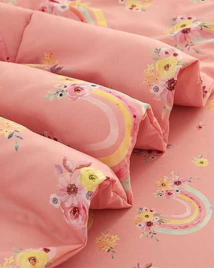 Mooreeke Twin Size Comforter Sets for Girls Kids, 6 Pieces Bed in a Bag Pink Rainbow Flowers Bedding Comforter Sheet Set with Shams and Decorative Toy Pillow, Ultral Soft Microfiber Kids Bed Set - LeafyLoom